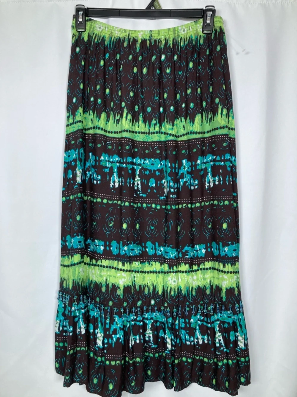 Kim Rogers Boho Paisley Rayon Maxi Skirt Green Brown Blue Size M Beaded Fringe